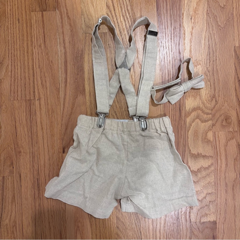 Sage N Thyme Designs 2T Linen Look Suspender Shorts + Bow Tie Set